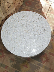 Maya Bone Inlay Indian Solid Wood Round Coffee Table Floral Pattern White Maya Bone Inlay Indian Solid Wood Round Coffee Table Floral Pattern White