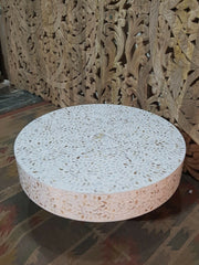 Maya Bone Inlay Indian Solid Wood Round Coffee Table Floral Pattern White Maya Bone Inlay Indian Solid Wood Round Coffee Table Floral Pattern White