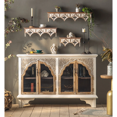 Indian Hand Carved Glass Door Solid Wood Sideboard A2 Indian Hand Carved Glass Door Solid Wood Sideboard A2