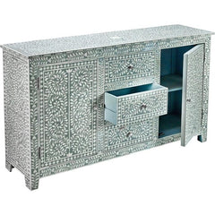 Bone Inlay Solid Wood Buffet Sideboard With 3 Centered Drawers Grey Bone Inlay Solid Wood Buffet Sideboard With 3 Centered Drawers Grey