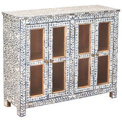 Bone Inlay Blue and White Windowpane Glass Doors Curio Cabinet Bone Inlay Blue and White Windowpane Glass Doors Curio Cabinet
