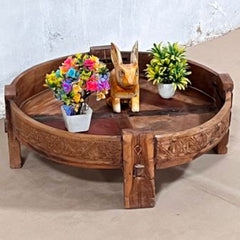 Indian Antique Carved Solid Wooden Grinder Coffee Table Brown Indian Antique Carved Solid Wooden Grinder Coffee Table Brown