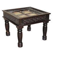 Embossed Antique Brass work Fitted Solid wood Indian Side Table Brown 60x60x45cm Embossed Antique Brass work Fitted Solid wood Indian Side Table Brown 60x60x45cm