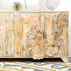 The Gileteen Wood Floral Intricately Carved Sideboard 3-D Floral Design & a Very raw Distressed Finish The Gileteen Wood Floral Intricately Carved Sideboard 3-D Floral Design & a Very raw Distressed Finish