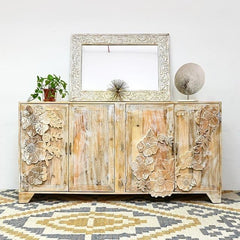 The Gileteen Wood Floral Intricately Carved Sideboard 3-D Floral Design & a Very raw Distressed Finish The Gileteen Wood Floral Intricately Carved Sideboard 3-D Floral Design & a Very raw Distressed Finish