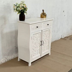 Indian Handmade Carved Solid Hard Wood 2 Door and 2 Drawer Cabinet White 02 Indian Handmade Carved Solid Hard Wood 2 Door and 2 Drawer Cabinet White 02