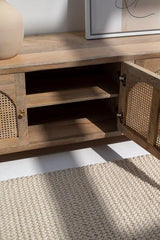 The Gileteen Handmade Solid Mango Wood Rattan Arch Doors Media Console TV Unit The Gileteen Handmade Solid Mango Wood Rattan Arch Doors Media Console TV Unit