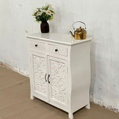 Indian Handmade Carved Solid Hard Wood 2 Door and 2 Drawer Cabinet White 02 Indian Handmade Carved Solid Hard Wood 2 Door and 2 Drawer Cabinet White 02