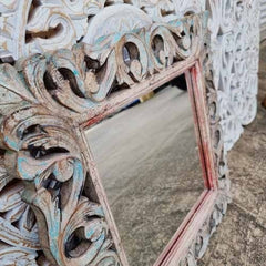 Hand Carved Indian Solid Wood Wall Mirror With Floral Pattern Rustic 56x66cm Hand Carved Indian Solid Wood Wall Mirror With Floral Pattern Rustic 56x66cm