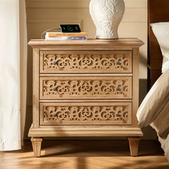 Indian Hand Carved  3- Drawer Solid Wood Bedside Table    09 Indian Hand Carved  3- Drawer Solid Wood Bedside Table    09