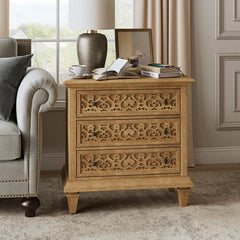 Indian Hand Carved  3- Drawer Solid Wood Bedside Table    09 Indian Hand Carved  3- Drawer Solid Wood Bedside Table    09