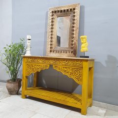 Indian Handmade Carved Wooden Mehrab Console Hall Table Yellow 120x40x75Cm Indian Handmade Carved Wooden Mehrab Console Hall Table Yellow 120x40x75Cm