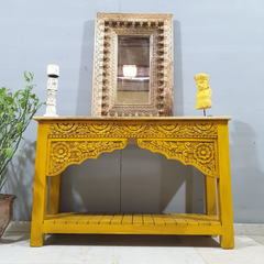 Indian Handmade Carved Wooden Mehrab Console Hall Table Yellow 120x40x75Cm Indian Handmade Carved Wooden Mehrab Console Hall Table Yellow 120x40x75Cm