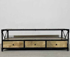 Handmade Indian Furniture Solid Hard Wood TV Unit with 3 Drawers Metal Frame150x40x50Cm Handmade Indian Furniture Solid Hard Wood TV Unit with 3 Drawers Metal Frame150x40x50Cm