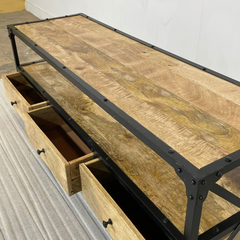 Handmade Indian Furniture Solid Hard Wood TV Unit with 3 Drawers Metal Frame150x40x50Cm Handmade Indian Furniture Solid Hard Wood TV Unit with 3 Drawers Metal Frame150x40x50Cm