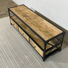 Handmade Indian Furniture Solid Hard Wood TV Unit with 3 Drawers Metal Frame150x40x50Cm Handmade Indian Furniture Solid Hard Wood TV Unit with 3 Drawers Metal Frame150x40x50Cm
