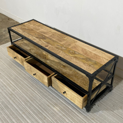 Handmade Indian Furniture Solid Hard Wood TV Unit with 3 Drawers Metal Frame150x40x50Cm Handmade Indian Furniture Solid Hard Wood TV Unit with 3 Drawers Metal Frame150x40x50Cm