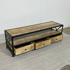 Handmade Indian Furniture Solid Hard Wood TV Unit with 3 Drawers Metal Frame150x40x50Cm Handmade Indian Furniture Solid Hard Wood TV Unit with 3 Drawers Metal Frame150x40x50Cm