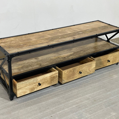 Handmade Indian Furniture Solid Hard Wood TV Unit with 3 Drawers Metal Frame150x40x50Cm Handmade Indian Furniture Solid Hard Wood TV Unit with 3 Drawers Metal Frame150x40x50Cm