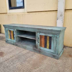 Handmade Indian Furniture Solid Hard Wood TV Unit with 2 Doors Multicolor Handmade Indian Furniture Solid Hard Wood TV Unit with 2 Doors Multicolor