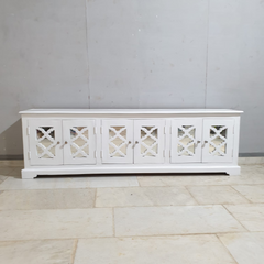 Handmade Indian Furniture Solid Hard Wood TV Unit with 6 Mirror Doors All White 200x40x60Cm Handmade Indian Furniture Solid Hard Wood TV Unit with 6 Mirror Doors All White 200x40x60Cm