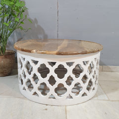 Bristol Hand Carved Indian Solid Wood Round Coffee Table with Natural Top 80x80x40Cm Bristol Hand Carved Indian Solid Wood Round Coffee Table with Natural Top 80x80x40Cm