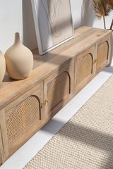 The Gileteen Handmade Solid Mango Wood Rattan Arch Doors Media Console TV Unit The Gileteen Handmade Solid Mango Wood Rattan Arch Doors Media Console TV Unit