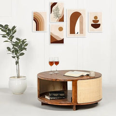 Rattan Elegance Series Solid Mango Wood TV Unit Round Coffee Table Teak Finish Rattan Elegance Series Solid Mango Wood TV Unit Round Coffee Table Teak Finish