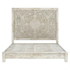 Indian Hand Carved Solid Wood King Size Bed White Wash 107 Indian Hand Carved Solid Wood King Size Bed White Wash 107