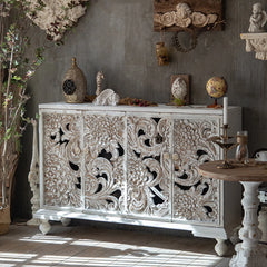 Indian Handmade Carved Solid Hard Wood Floral Design Sideboard A5 Indian Handmade Carved Solid Hard Wood Floral Design Sideboard A5