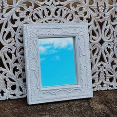 Hand Carved Indian Solid Wood Wall Mirror With Floral Pattern White Wash 56x66cm Hand Carved Indian Solid Wood Wall Mirror With Floral Pattern White Wash 56x66cm