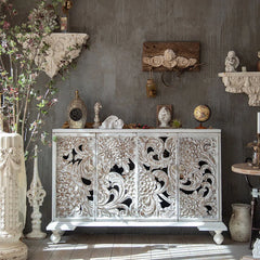 Indian Handmade Carved Solid Hard Wood Floral Design Sideboard A5 Indian Handmade Carved Solid Hard Wood Floral Design Sideboard A5