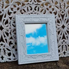 Hand Carved Indian Solid Wood Wall Mirror With Floral Pattern White Wash 56x66cm Hand Carved Indian Solid Wood Wall Mirror With Floral Pattern White Wash 56x66cm