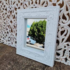 Hand Carved Indian Solid Wood Wall Mirror With Floral Pattern White Wash 56x66cm Hand Carved Indian Solid Wood Wall Mirror With Floral Pattern White Wash 56x66cm