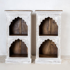 Rajasthan Handmade Indian Furniture Wooden Small Carved Bookshelf in White Rajasthan Handmade Indian Furniture Wooden Small Carved Bookshelf in White