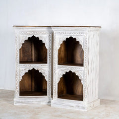 Rajasthan Handmade Indian Furniture Wooden Small Carved Bookshelf in White Rajasthan Handmade Indian Furniture Wooden Small Carved Bookshelf in White