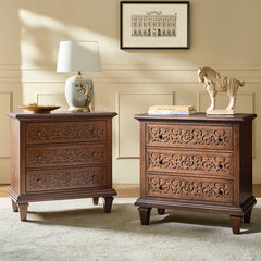Indian Hand Carved  3-Drawer Solid Wood Bedside Table 11 Indian Hand Carved  3-Drawer Solid Wood Bedside Table 11