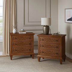 Indian Hand Carved  3-Drawer Solid Wood Bedside Table 11 Indian Hand Carved  3-Drawer Solid Wood Bedside Table 11