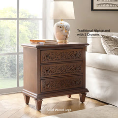 Indian Hand Carved  3-Drawer Solid Wood Bedside Table 11 Indian Hand Carved  3-Drawer Solid Wood Bedside Table 11
