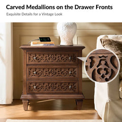 Indian Hand Carved  3-Drawer Solid Wood Bedside Table 11 Indian Hand Carved  3-Drawer Solid Wood Bedside Table 11