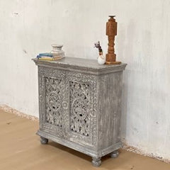 Indian Handmade Carved Solid Hard Wood 2 Door Cabinet Greywash 90x40x90Cm Indian Handmade Carved Solid Hard Wood 2 Door Cabinet Greywash 90x40x90Cm