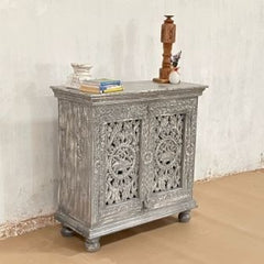 Indian Handmade Carved Solid Hard Wood 2 Door Cabinet Greywash 90x40x90Cm Indian Handmade Carved Solid Hard Wood 2 Door Cabinet Greywash 90x40x90Cm