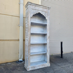 Indian Hand Carved Mehrab Solid Hard Wood White Wash Bookshelf 96x38x240Cm Indian Hand Carved Mehrab Solid Hard Wood White Wash Bookshelf 96x38x240Cm