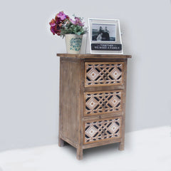 Indian Hand Carved  3-Drawer Solid Wood Bedside Table 13 Indian Hand Carved  3-Drawer Solid Wood Bedside Table 13