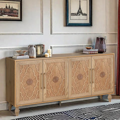 Indian Handmade Solid Wood Carved 4 Doors Sideboard Natural Indian Handmade Solid Wood Carved 4 Doors Sideboard Natural