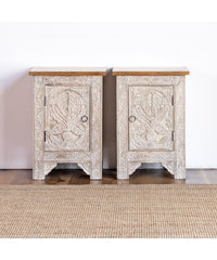Indian Hand Carved Solid Wooden Bedside Table Whitewash Indian Hand Carved Solid Wooden Bedside Table Whitewash