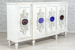 Carved Oasis Hand Carved Mango Wood Sideboard With Colored Glasses Carved Oasis Hand Carved Mango Wood Sideboard With Colored Glasses