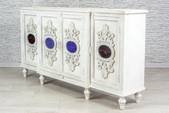 Carved Oasis Hand Carved Mango Wood Sideboard With Colored Glasses Carved Oasis Hand Carved Mango Wood Sideboard With Colored Glasses