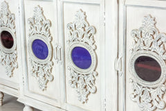 Carved Oasis Hand Carved Mango Wood Sideboard With Colored Glasses Carved Oasis Hand Carved Mango Wood Sideboard With Colored Glasses