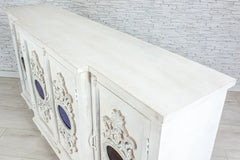 Carved Oasis Hand Carved Mango Wood Sideboard With Colored Glasses Carved Oasis Hand Carved Mango Wood Sideboard With Colored Glasses